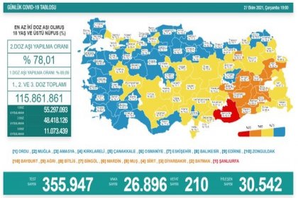 Covid-19, Türkiye'de 27 Ekim'de 210 toplamda 69.704 can aldı
