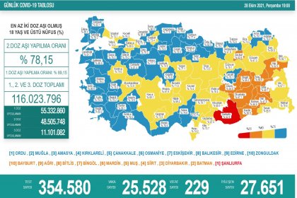 Covid-19, Türkiye'de 28 Ekim'de 229 toplamda 69.933 can aldı