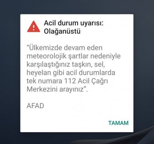 AFAD'ın telefonlara gönderdiği 'acil durum uyarısı: olağanüstü' bildirimi korkuttu! AFAD'ın telefonlara gönderdiği 'acil durum uyarısı: olağanüstü' bildirimi korkuttu!