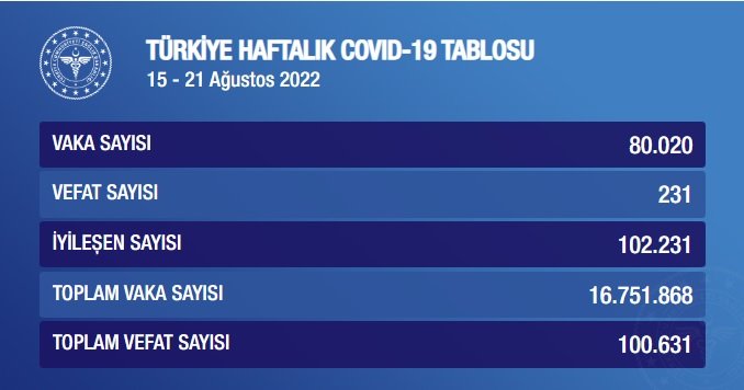 COVİD19, 15-21 Ağustos haftasında 231 can aldı, vaka sayısı 80.020 oldu