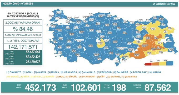 COVİD19, Türkiye'de 1 Şubat'ta 198 toplamda 87.477 can aldı