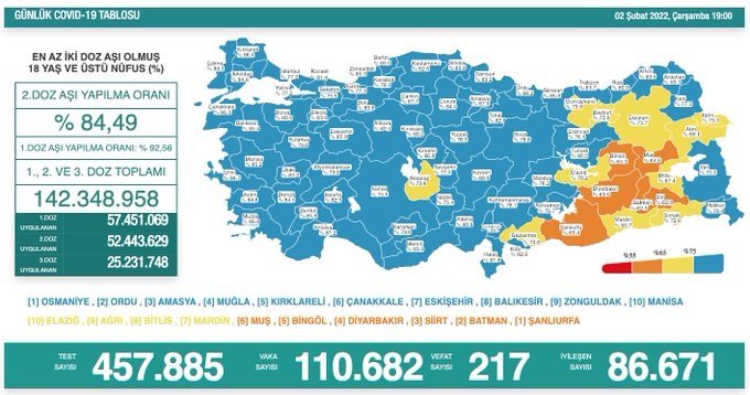 COVİD19, Türkiye'de 2 Şubat'ta 217 toplamda 87.694 can aldı