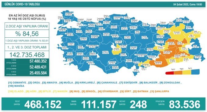 COVİD19, Türkiye'de 4 Şubat'ta 248 toplamda 88.175 can aldı