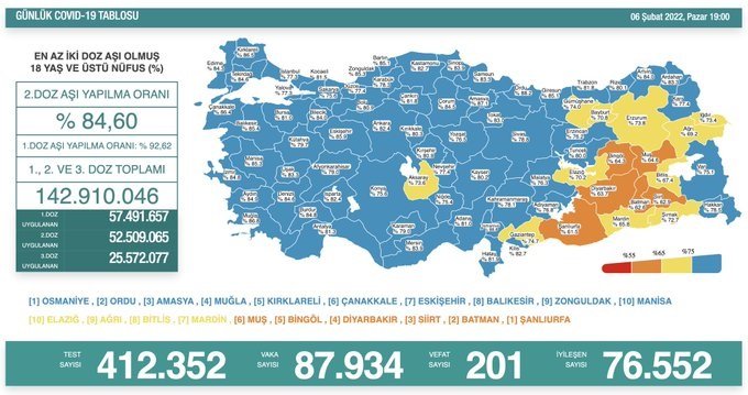 COVİD19, Türkiye'de 6 Şubat'ta 201 toplamda 88.597 can aldı