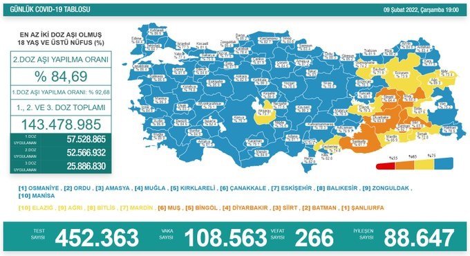 COVİD19, Türkiye'de 9 Şubat'ta 266 toplamda 89.340 can aldı