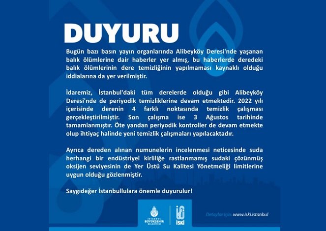 İSKİ'den Alibeyköy deresinde yaşanan balık ölümlerine dair açıklama İSKİ'den Alibeyköy deresinde yaşanan balık ölümlerine dair açıklama