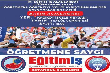 Eğitim-İş Sendikası 'Öğretmene Saygı' eylemini 3 Eylül'de İstanbul'da yapacak