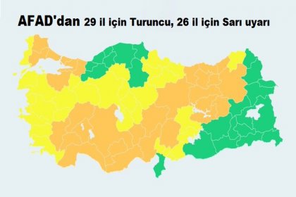 AFAD'dan yapılan açıklamada; '29 ilimiz için Turuncu, 26 ilimiz için Sarı uyarı olmak üzere toplam 55 ilimiz için meteorolojik uyarı yapılmıştır'